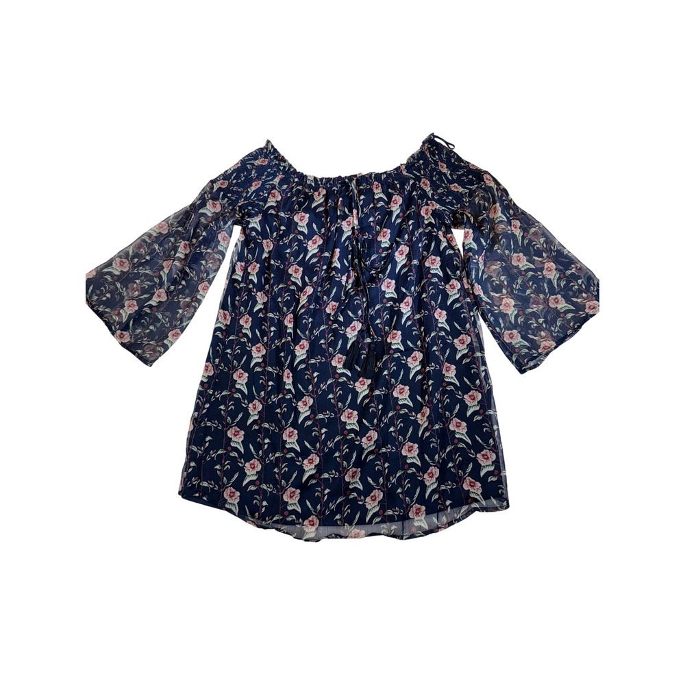 Hommage Los Angeles Navy Blue Floral Off Shoulder Bell Sleeve Boho Dress Small